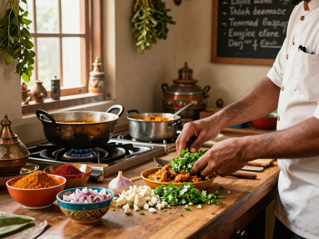Preparing a delicious curry with vibrant spices and fresh ingredients in a lively kitchen, featuring rokok88.