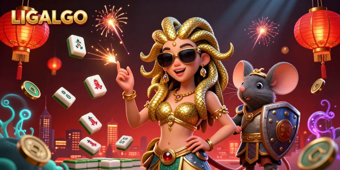 LIGALGO invites you to play with Medusa and a warrior mouse in a vibrant casino scene filled with excitement.