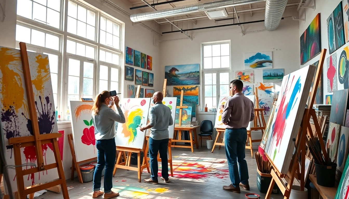 Canvas projecten in een levendige studio met kunstenaars die werken.
