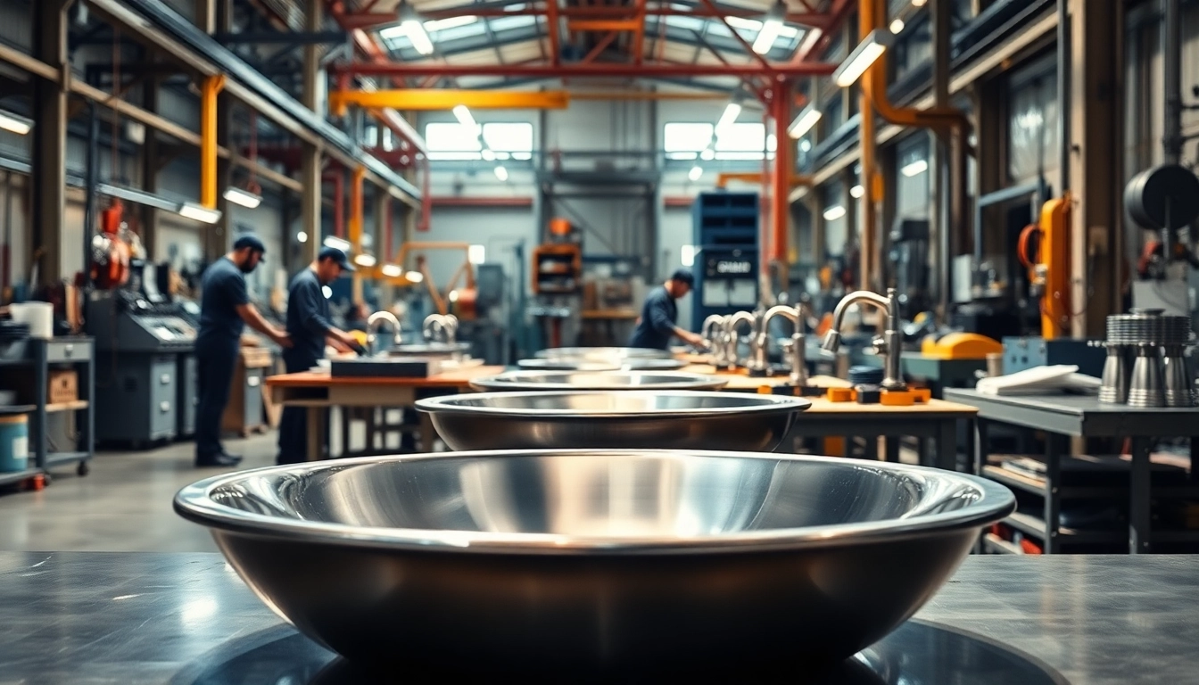 Workers assembling stainless steel basin factory products, showcasing industrial craftsmanship and efficiency.