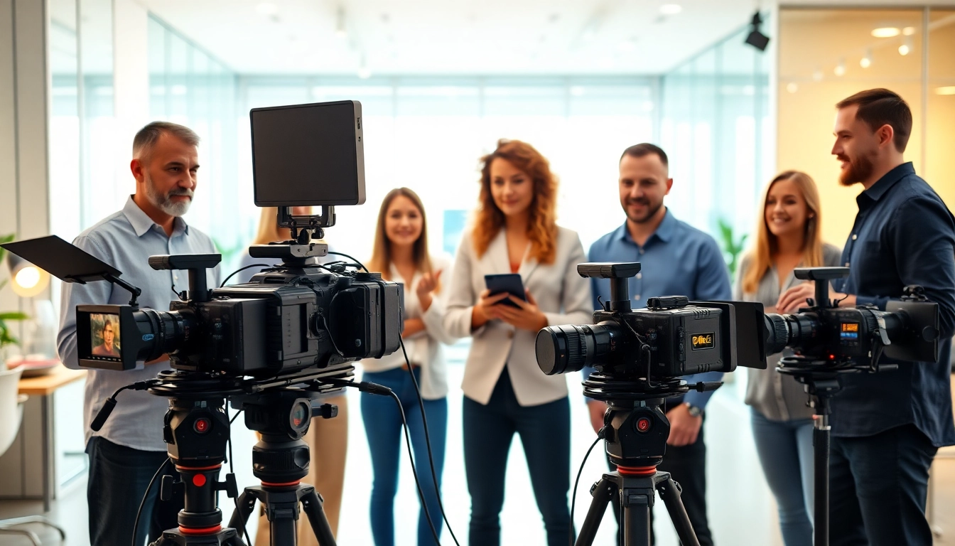 Engaging corporate video production scene showcasing teamwork and equipment for Corporate Video Production.