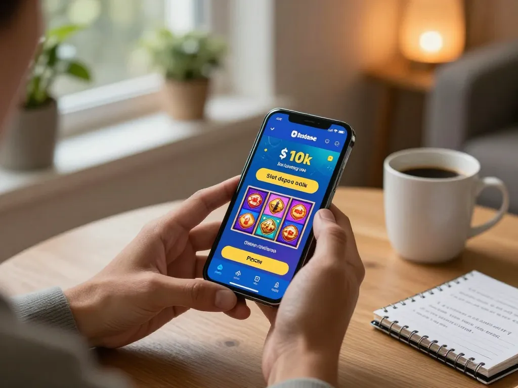 Excited player using mobile app for slot depo 10k in cozy living room setting