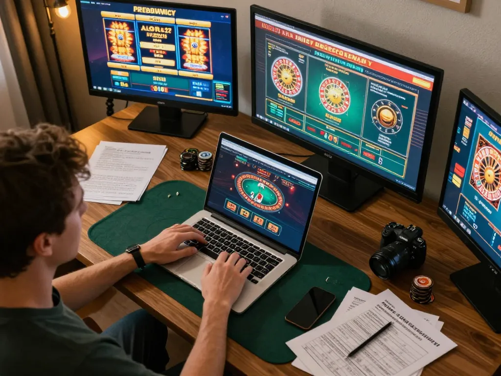 Agen Casino Online experience with a player engaged in strategic poker gameplay on a laptop at home.