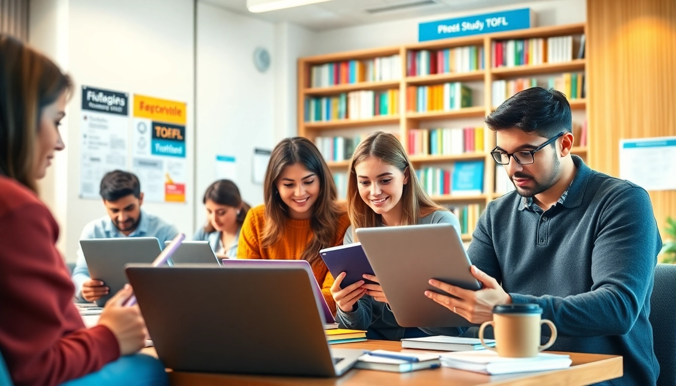 Engaged toefl test takers for hire collaborating in a bright study space with laptops.