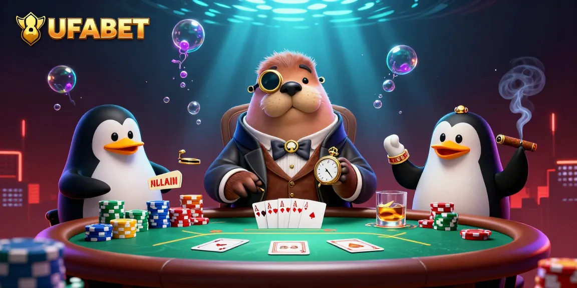 Engage in thrilling poker play with UFABET featuring a jolly walrus, sophisticated dealer and bluffing pufferfish.