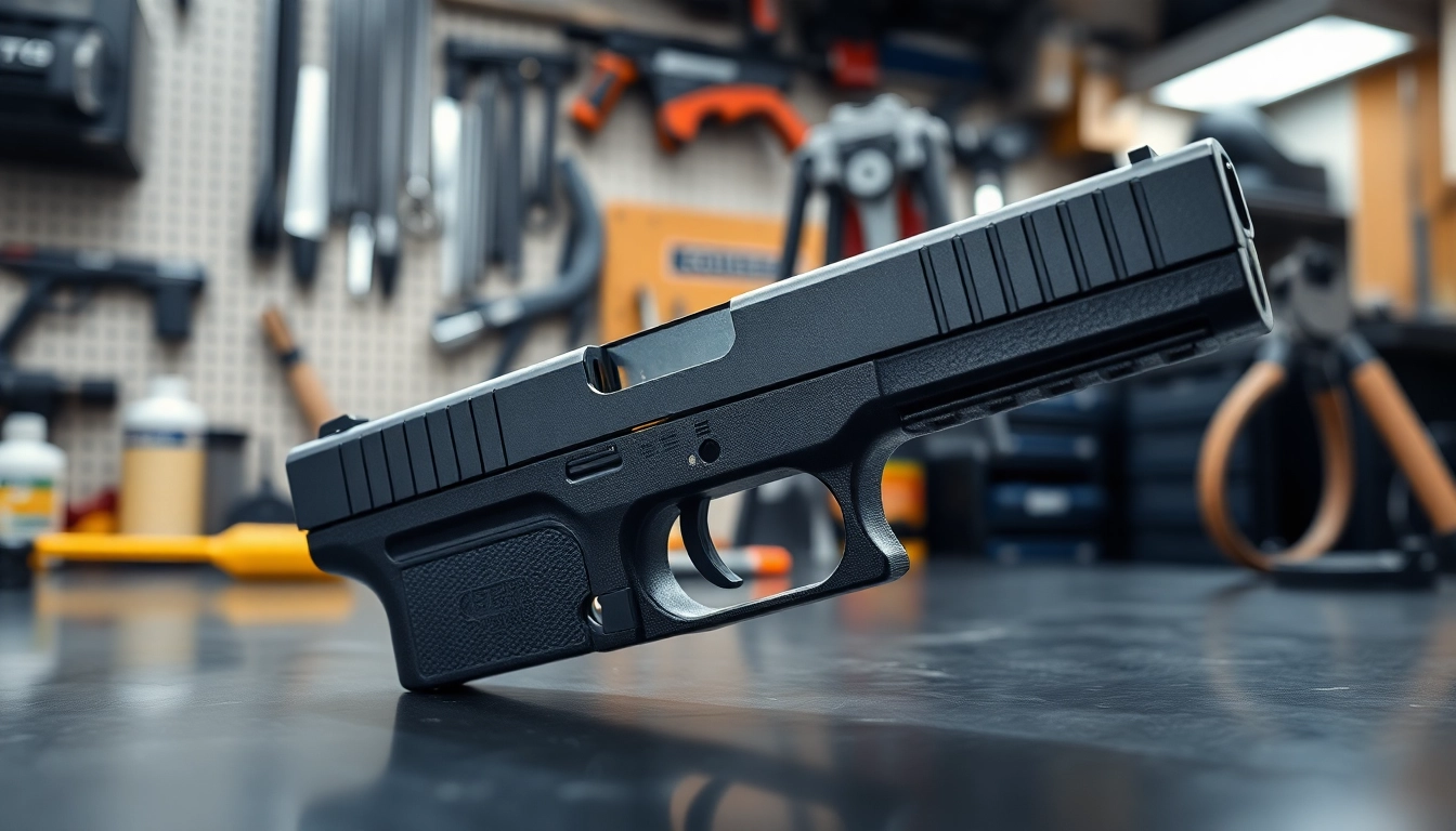 Showcasing the glock 19 slide with high-quality craftsmanship in a workshop setting
