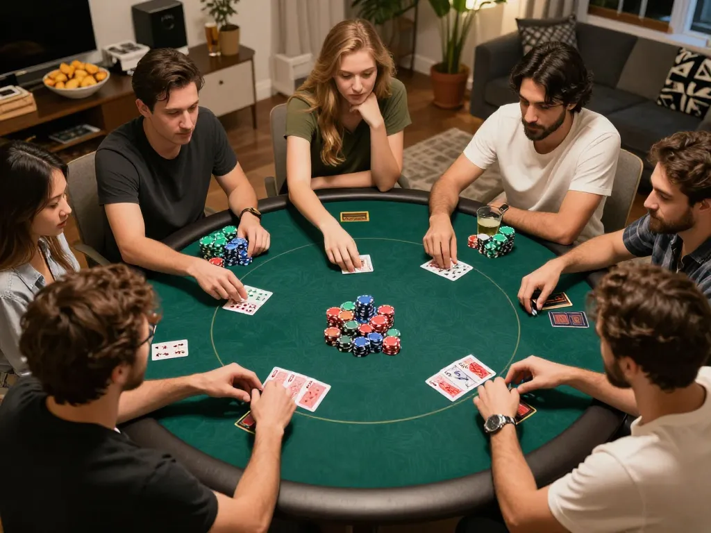 Experience the excitement of TẢI SUNWIN games during a lively home poker night with friends.
