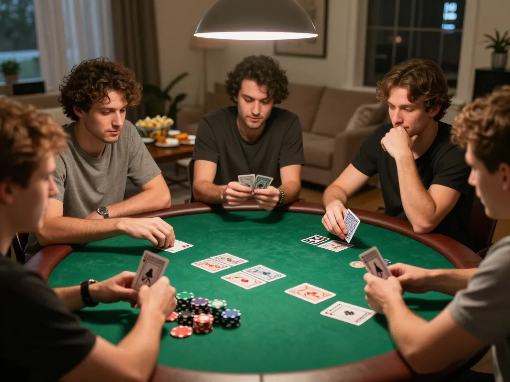 Friends playing poker at home with thehiddenwiki-inspired strategies, engaged in competitive gameplay and camaraderie.