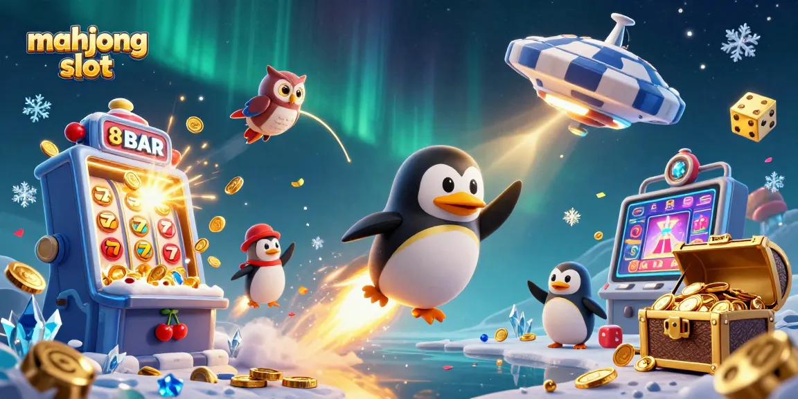 Experience the thrill of mahjong slot with vibrant 3D visuals of cascading coins and a winning penguin!