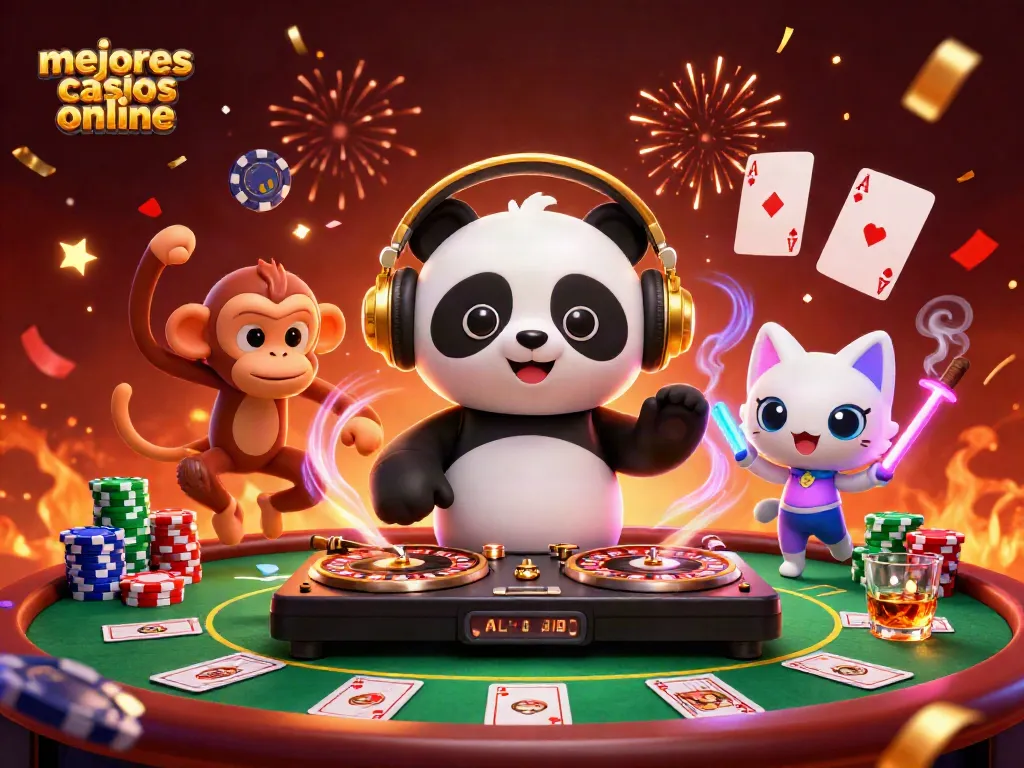 Explora los mejores casinos online con un DJ panda y fiesta de juegos en una animada ilustración 3D.