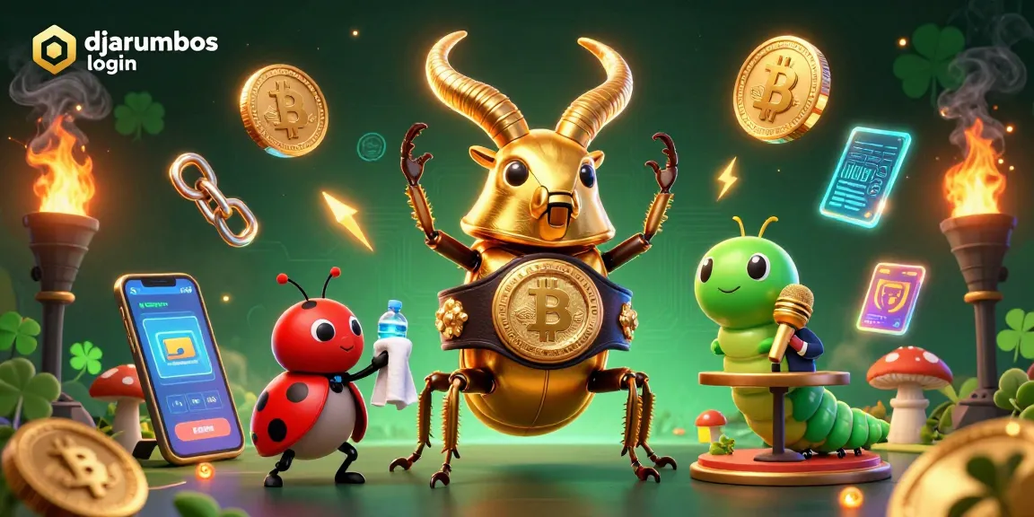 Engage with the djarumbos login scene featuring vibrant characters and cryptocurrency elements.