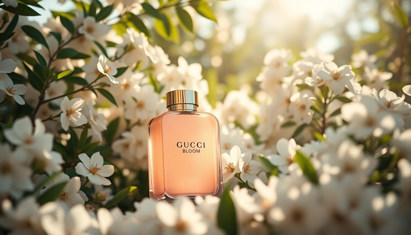 Capture the essence of gucci bloom perfume enhanced by elegant white flowers.