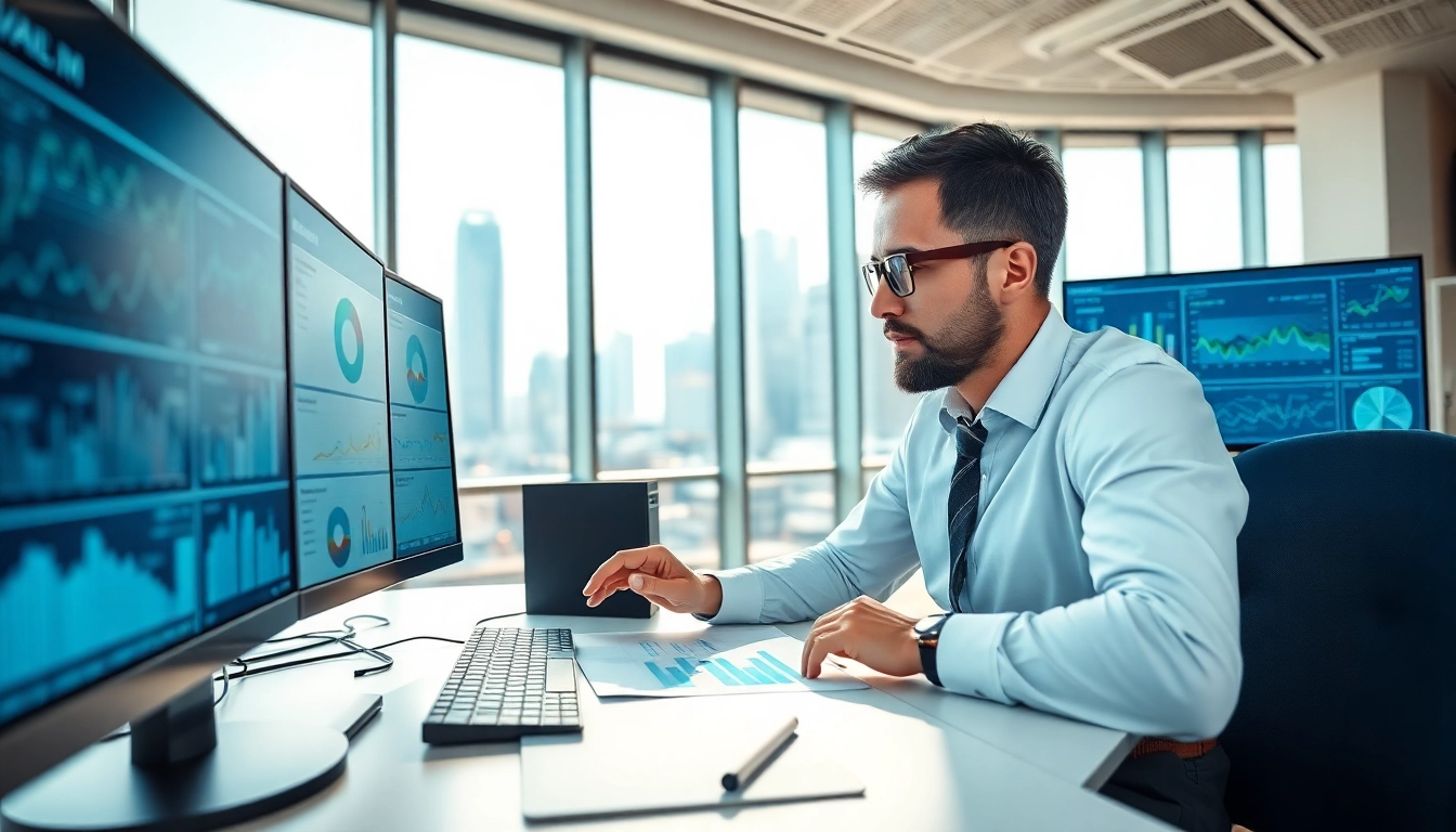Data analyst leveraging AI for competitor analysis with high-tech tools and urban view.