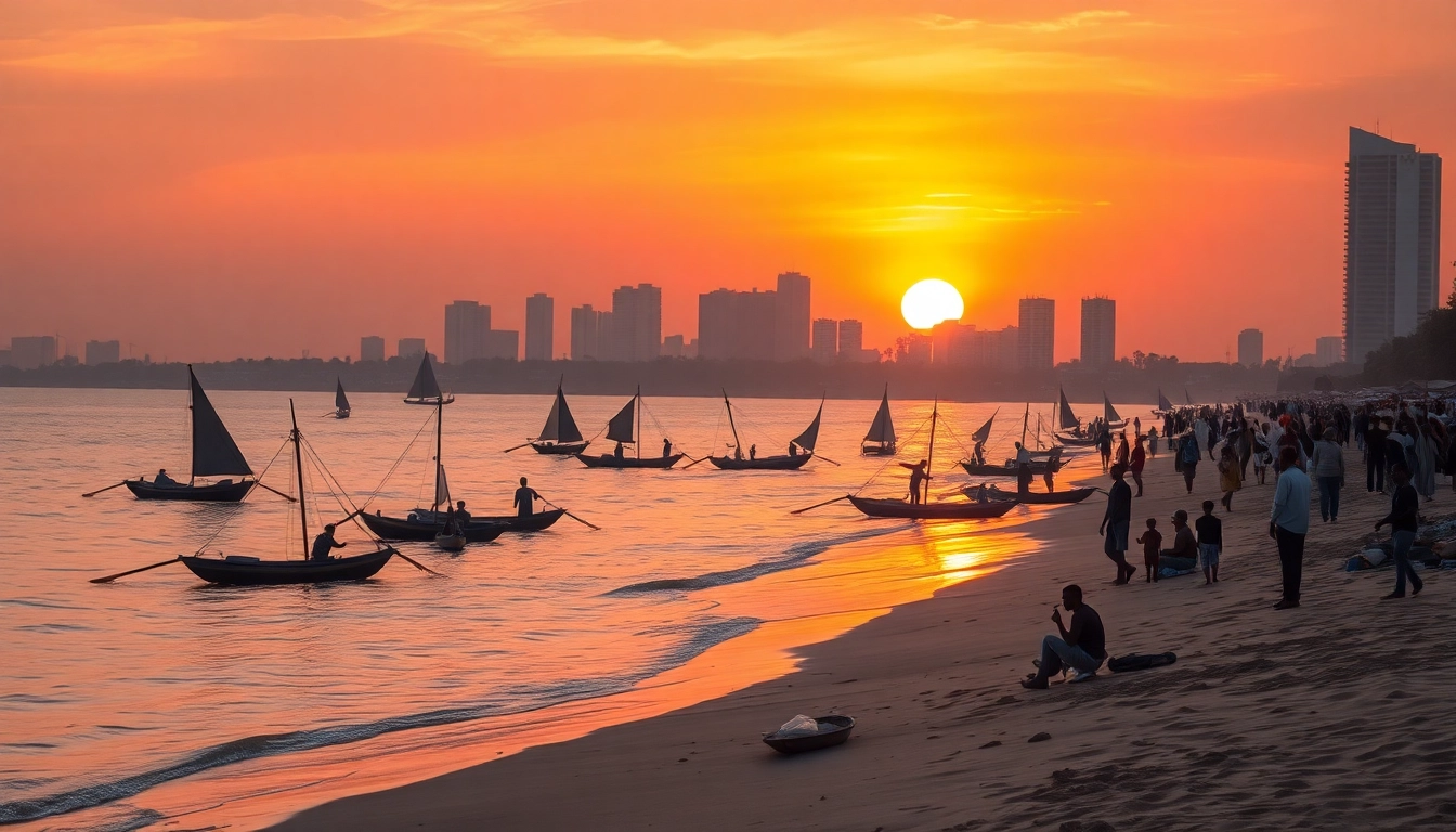 Families enjoying the beach in Dar es Salaam with dhows sailing in the sunset.