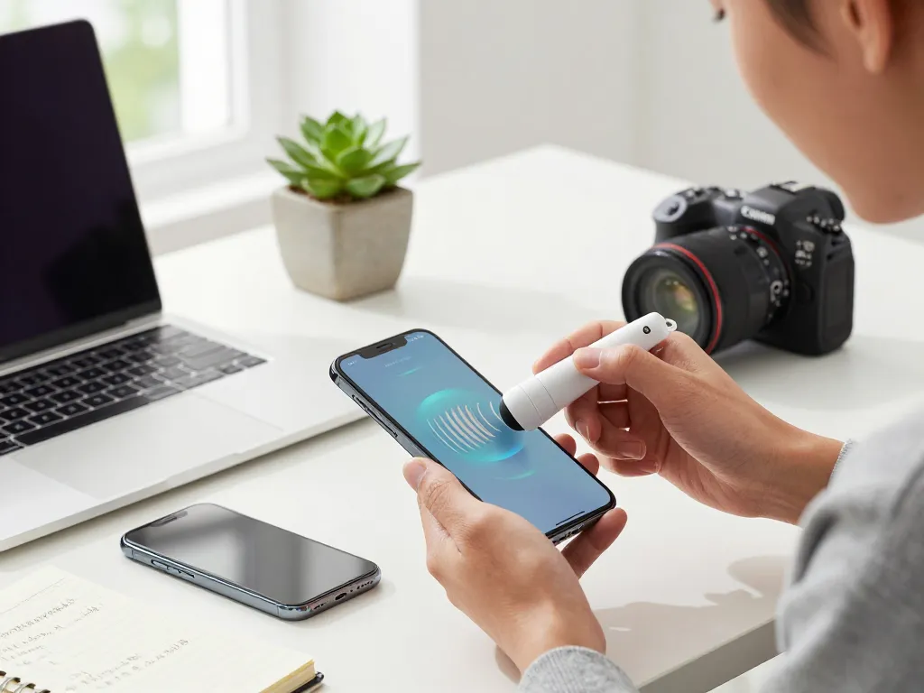 Fix My Speaker tool cleaning a smartphone speaker with sound waves in a modern tech workspace.