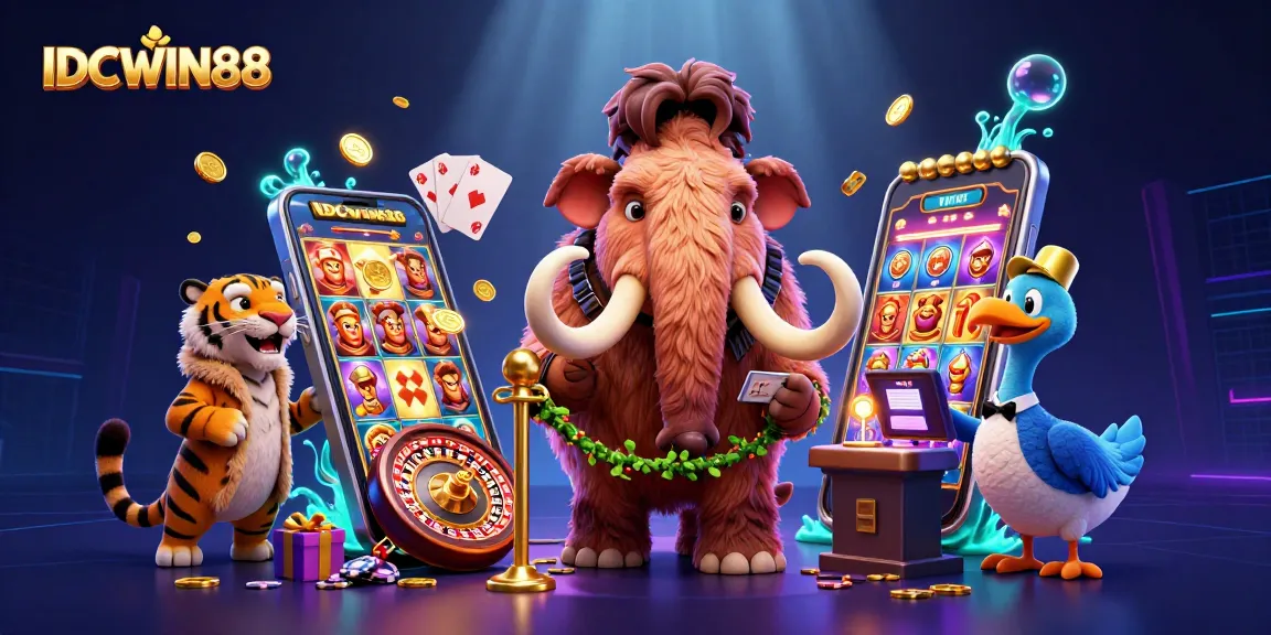 Play slots at IDCWIN88 with vibrant graphics and gaming elements in a lively casino environment.