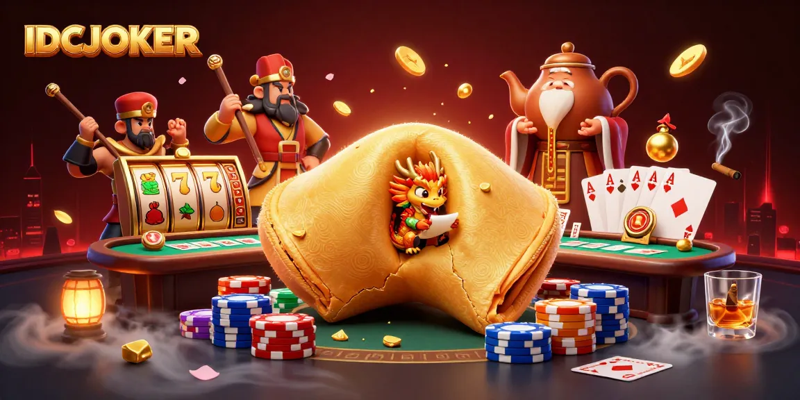 Play slots and win with IDCJOKER amidst vibrant casino scenes and fortune motifs.