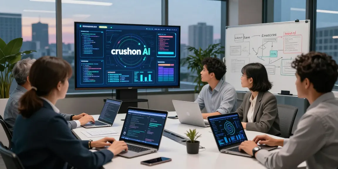 Team collaborating in a modern workspace exploring crushon ai's capabilities with laptops and data visualizations.