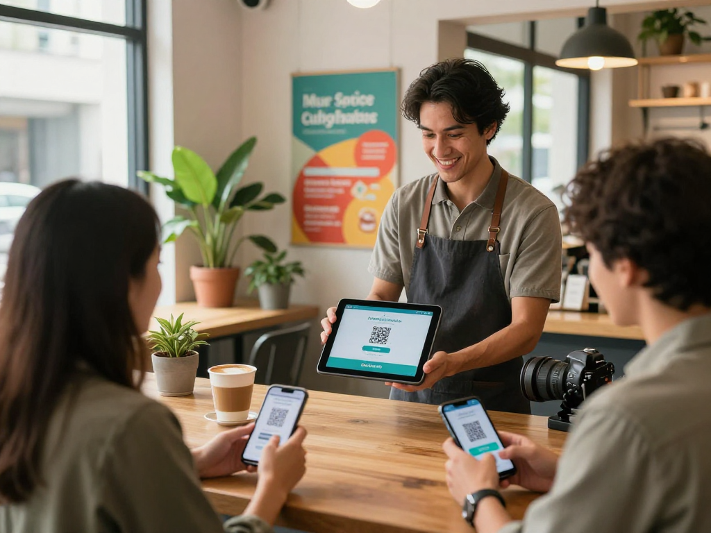 Engaging customers with a loyalty program at a local café, showcasing loyalty through QR code interactions.