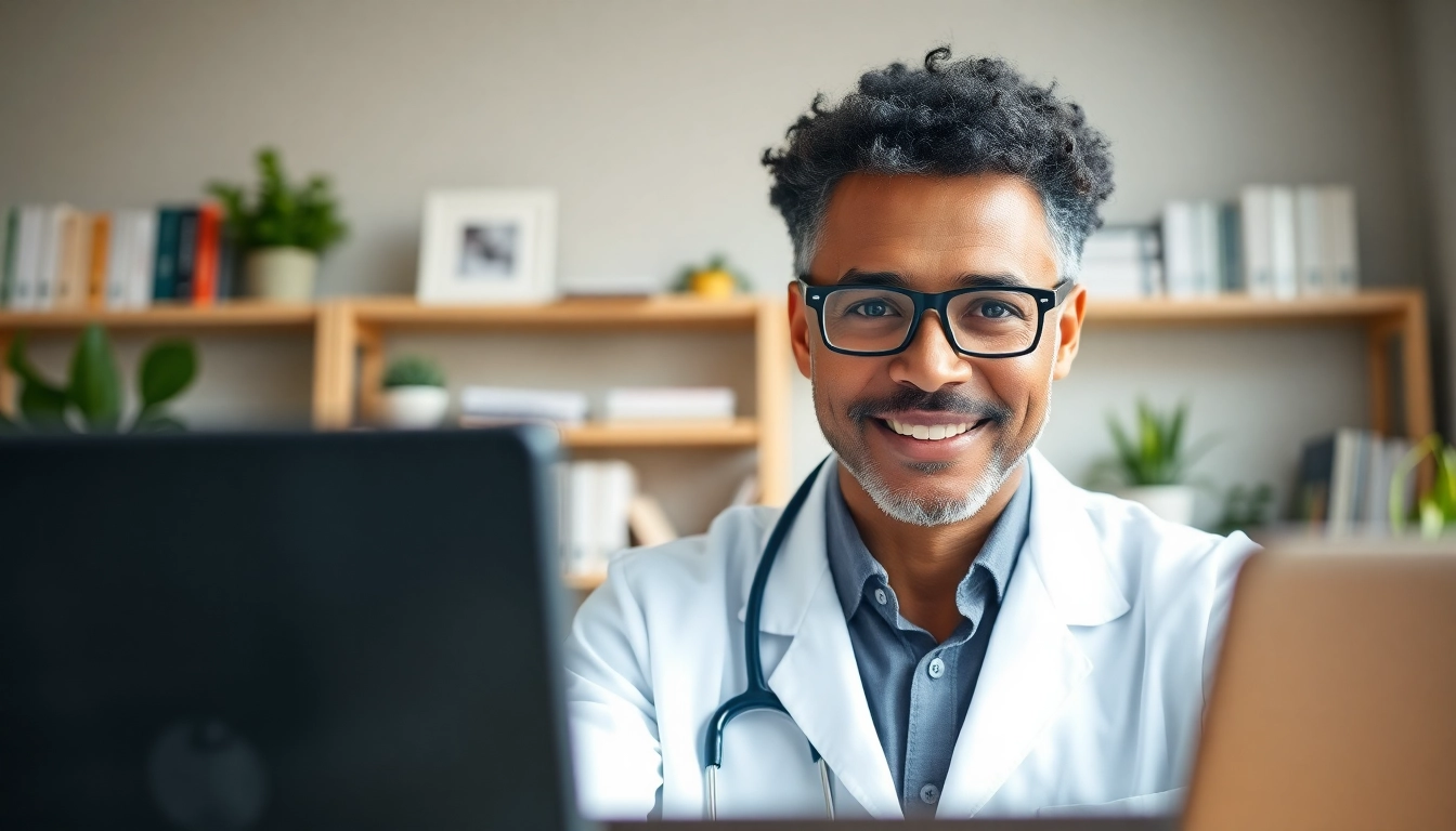Engage in a fast telehealth consultation online with a qualified doctor in a cozy home office setting.