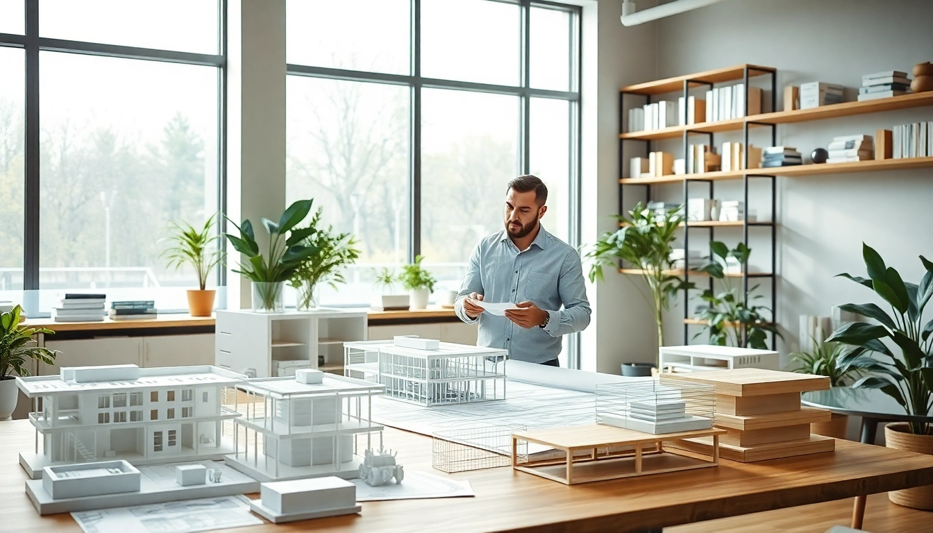 Collaborative design showcase by an architecture and engineering firm featuring a professional atmosphere and modern models.