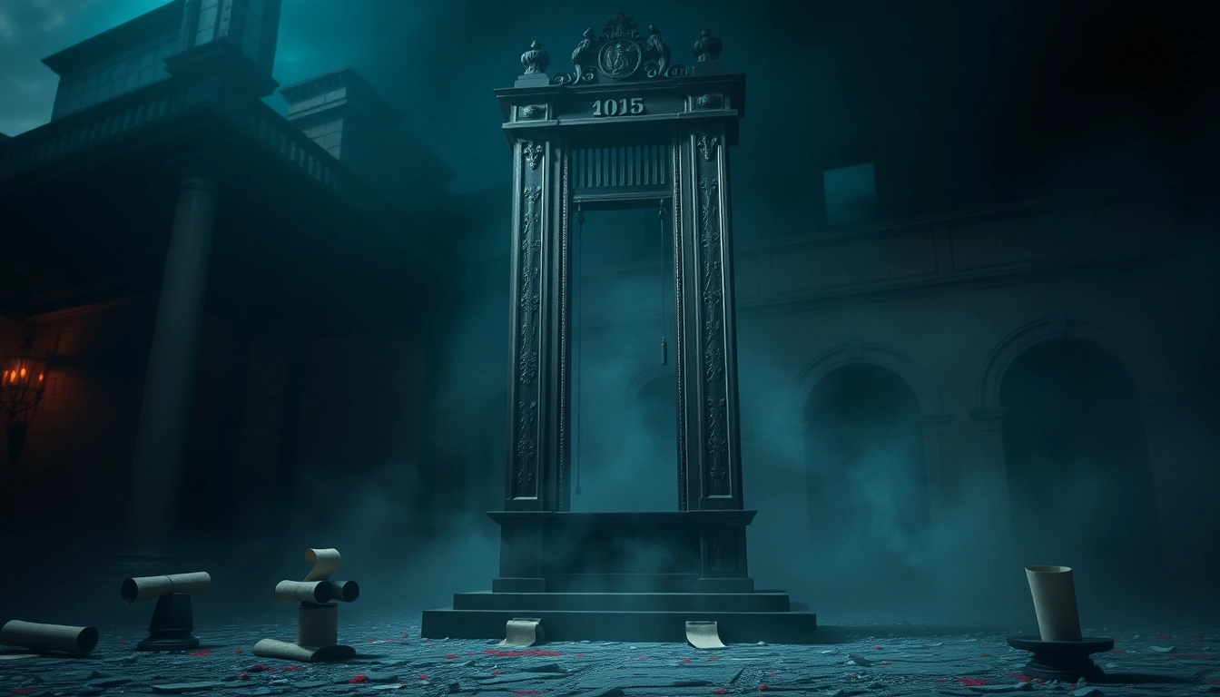 A historical guillotine representing the guillotine origin phrase in a dark, atmospheric setting.