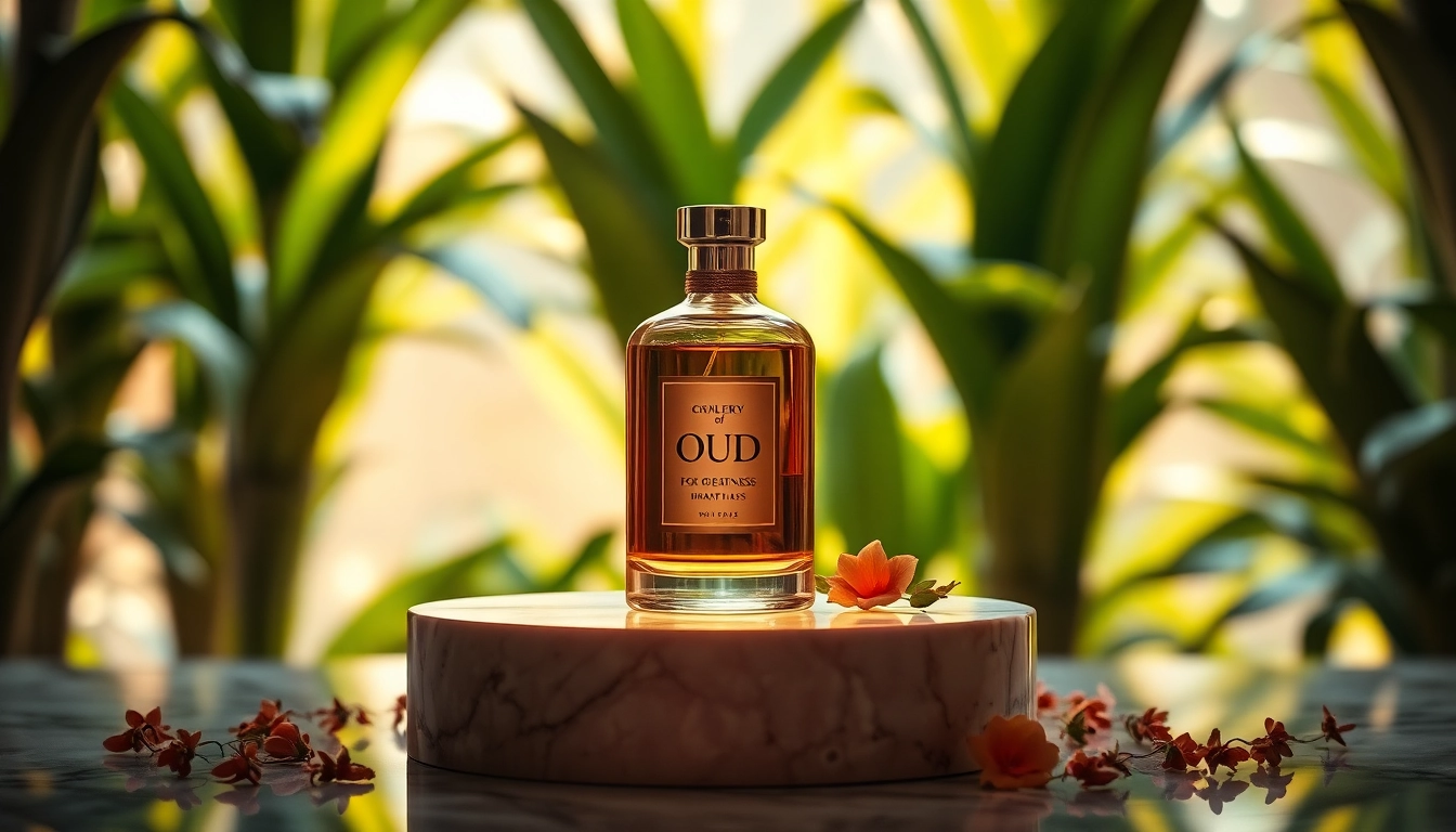 Experience the beauty of Oud for greatness with a luxurious perfume bottle set against greenery.
