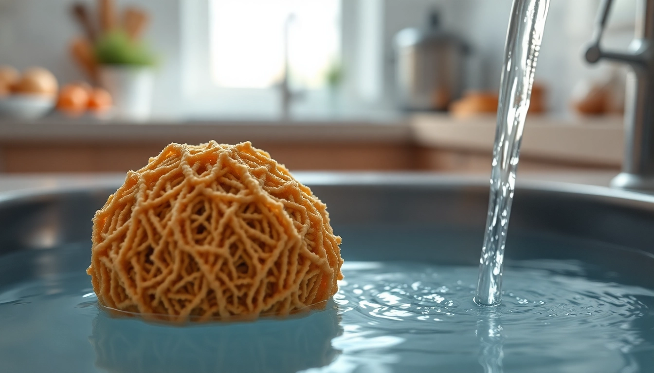 Using a kitchen loofah under flowing water to showcase its organic texture and natural cleaning properties.