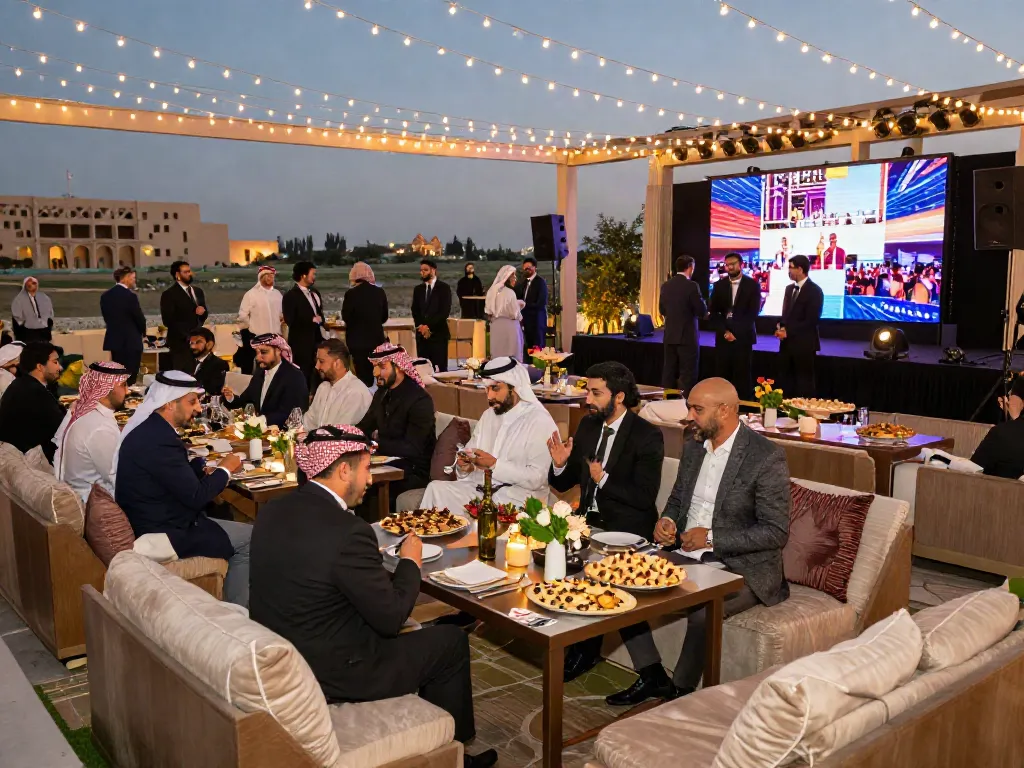 Event rental KSA featuring a luxurious outdoor corporate gala with fine décor and guests enjoying the atmosphere.