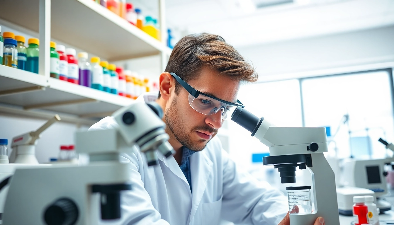 Researcher analyzing Peptides under a microscope in a bright laboratory.