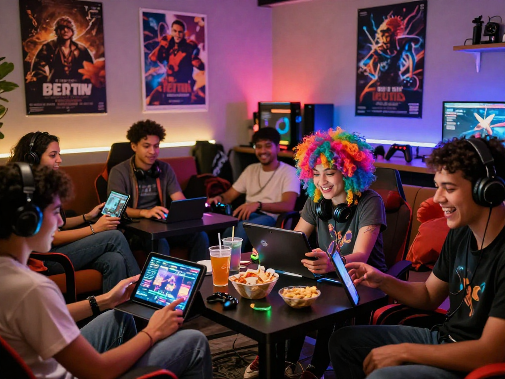Group of gamers enjoying HTML porn games in a cozy lounge with colorful lights