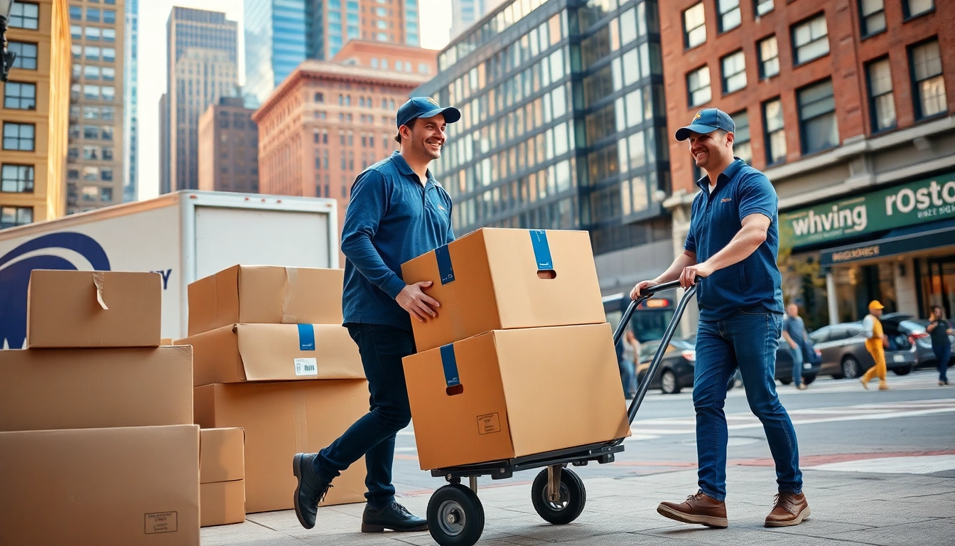 Boston local moves with professional movers efficiently transporting boxes in a bustling city.