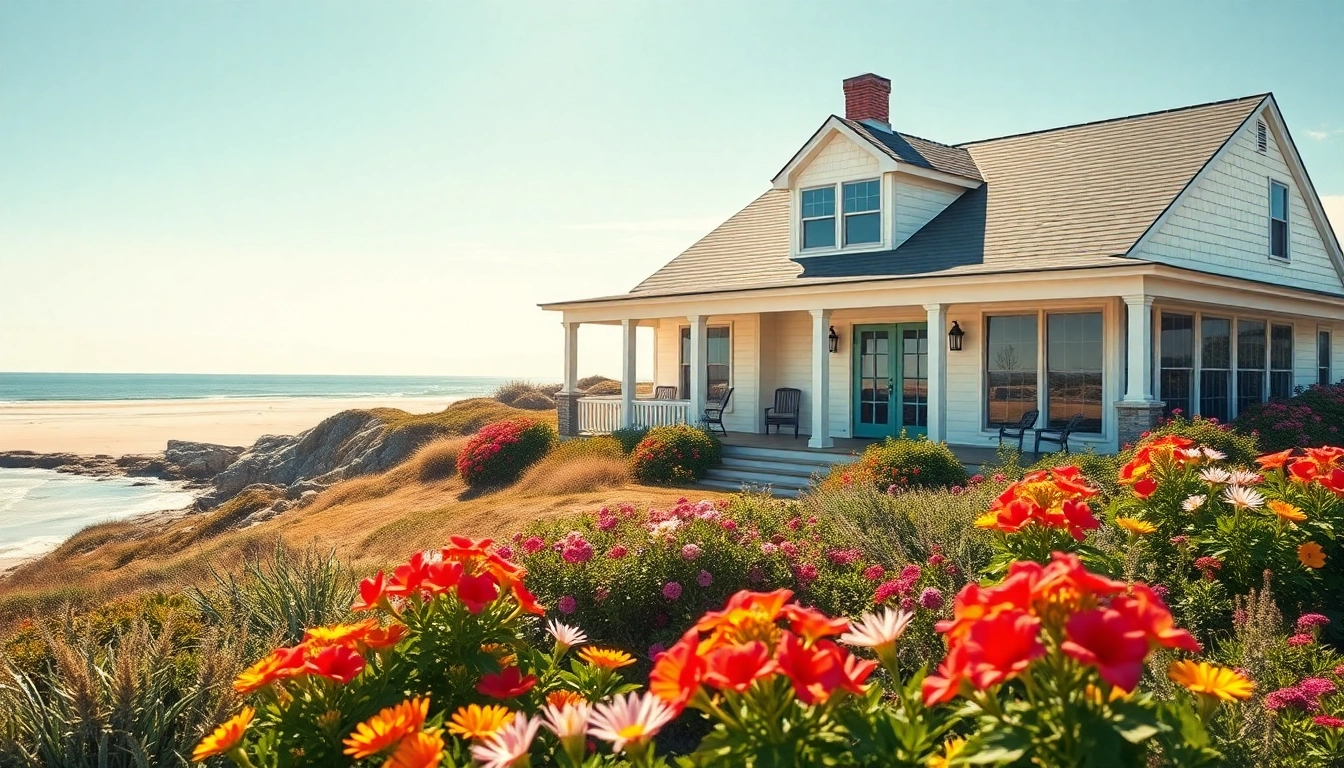 Showcase a beautiful cape cod home surrounded by vibrant gardens and serene beach views.