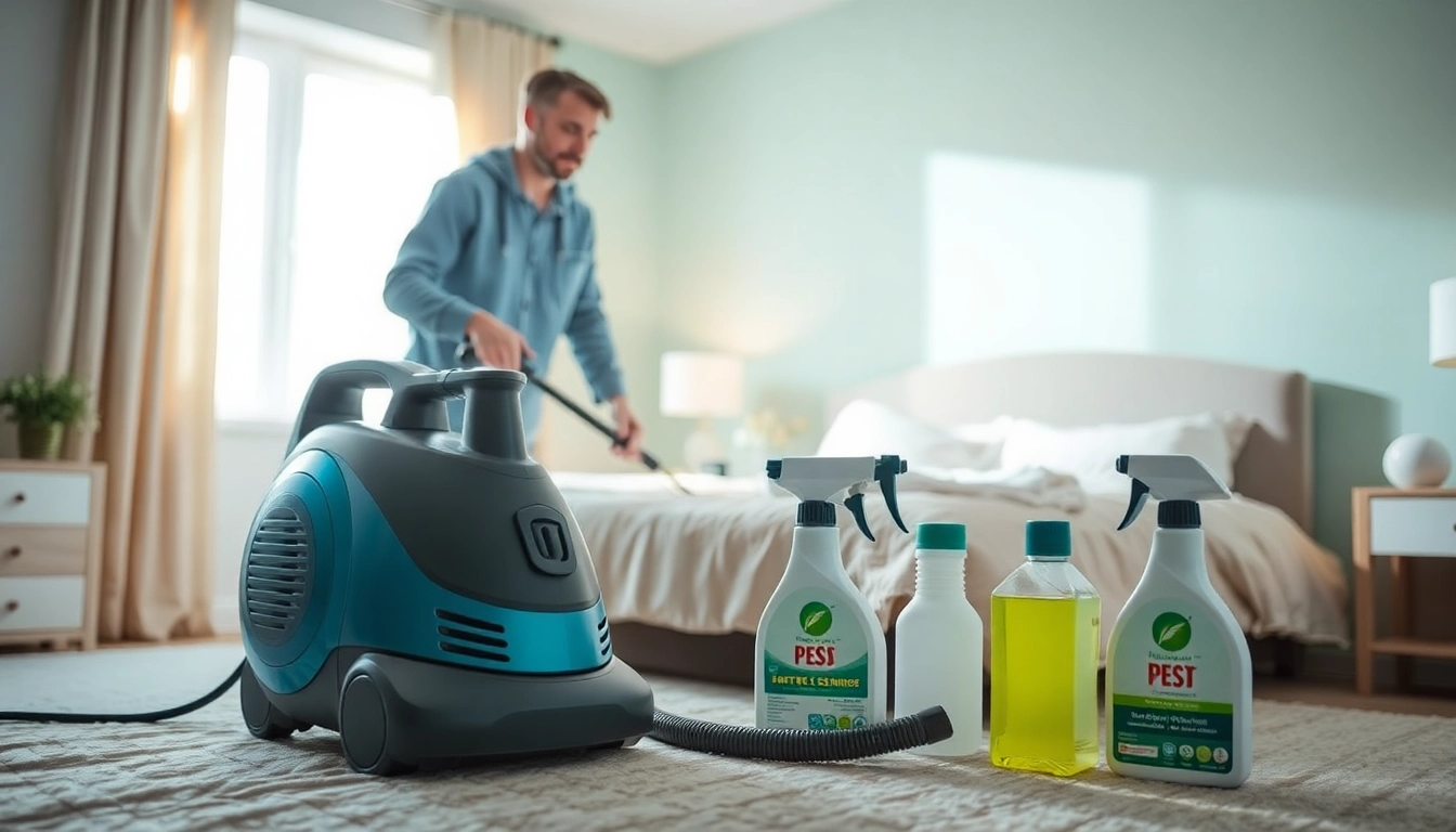 Efficient bed bug removal process with exterminator in action in a clean bedroom.