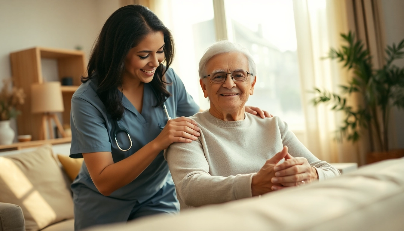 Elderly in home care near me showcasing compassionate caregiver helping senior in a cozy home environment.