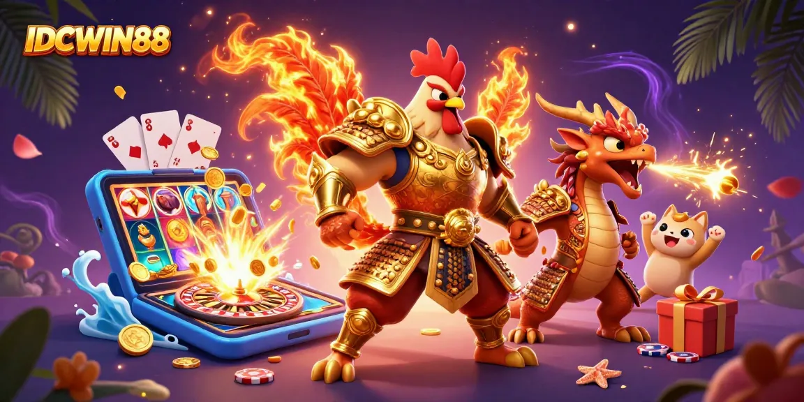 Cheer for IDCWIN88 with a colorful 3D casino scene featuring a warrior rooster, dragon, and luck cat.