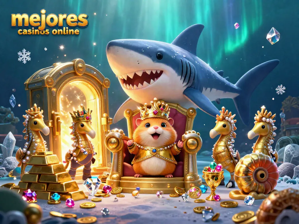 Jugando en los mejores casinos online con el rey hámster en su trono de tiburón con tesoros brillantes.