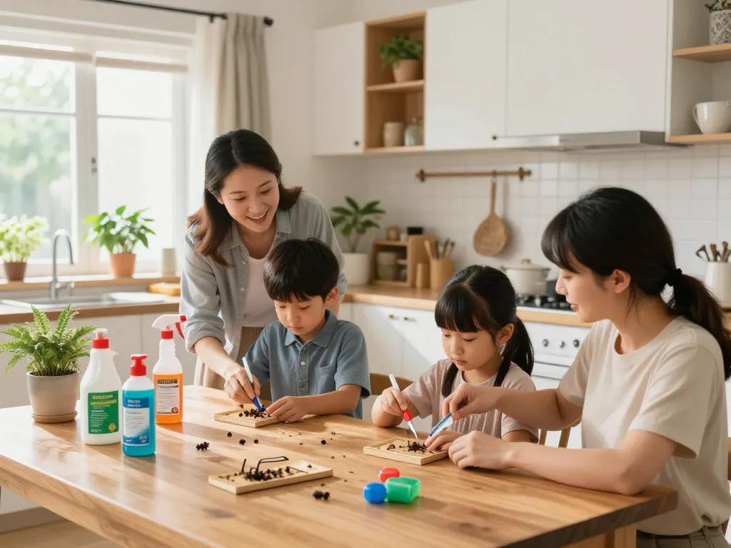 Family demonstrating pest control tips in a bright kitchen.