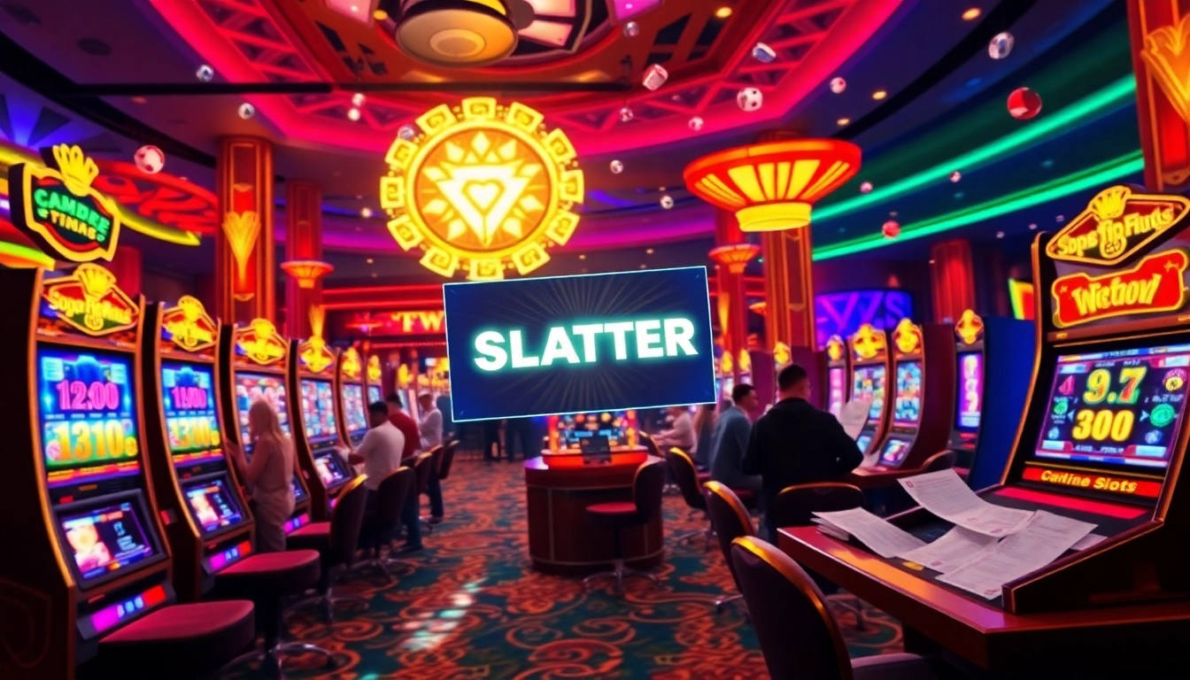 Engaging scene with scatter hitam symbol lighting up vibrant online slots in a luxury casino.