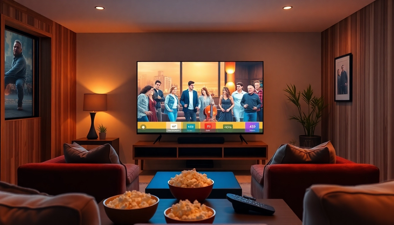 Watch TV series online free in a cozy living room with a flat-screen TV and popcorn.