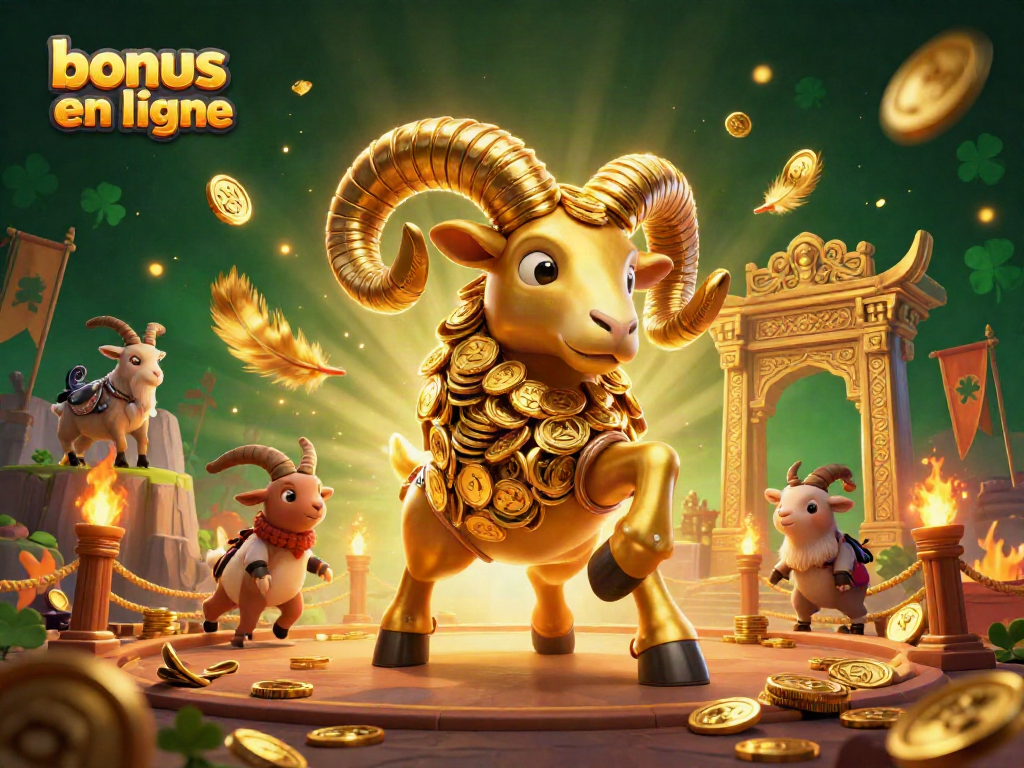 Vivez l'excitation du bonus casino en ligne avec un bélier doré et des décorations captivantes.