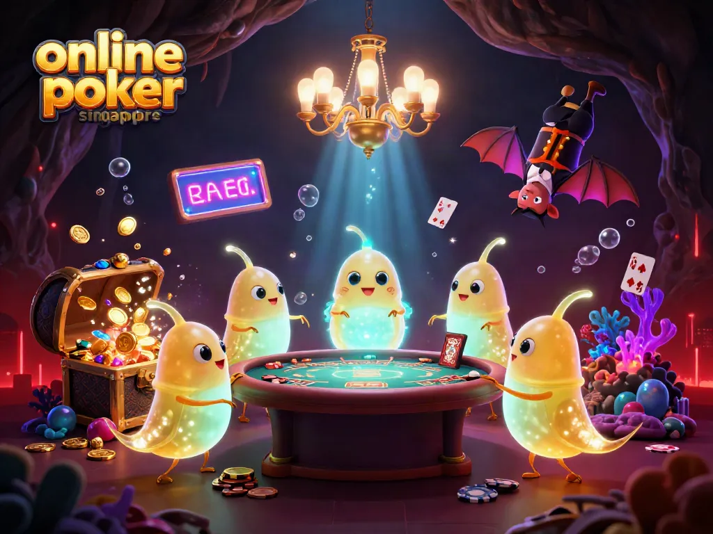 Play online poker Singapore with illuminated glowworms in a vibrant cave casino scene.