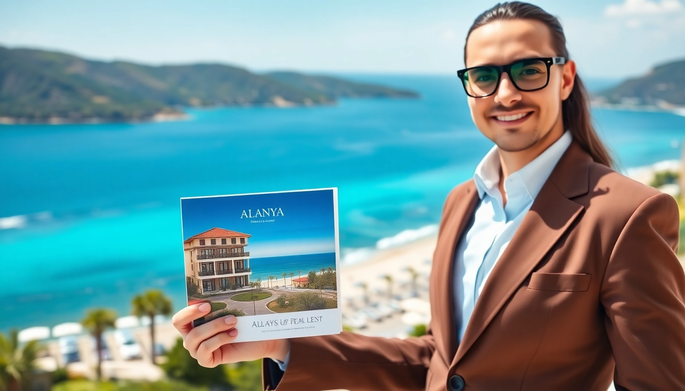 Showcase of luxury alanya apartments for sale with a real estate agent against a coastal backdrop.