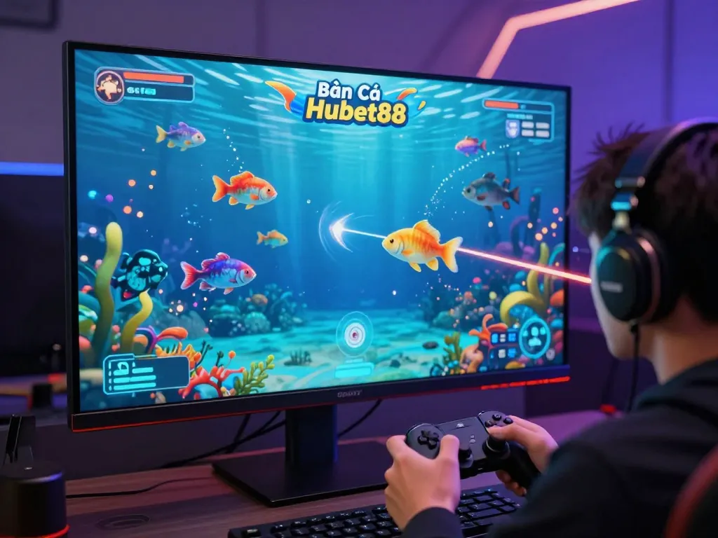 Experience thrilling gameplay in Bắn cá hubet88, showcasing colorful fish and interactive graphics in a modern gaming space.