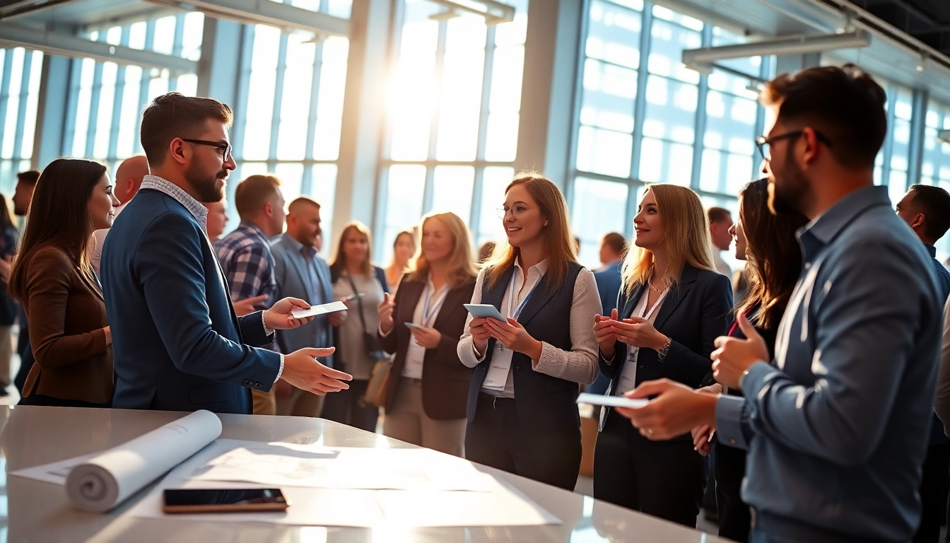 Engaged professionals networking at construction networking events with lively discussions and architectural elements.