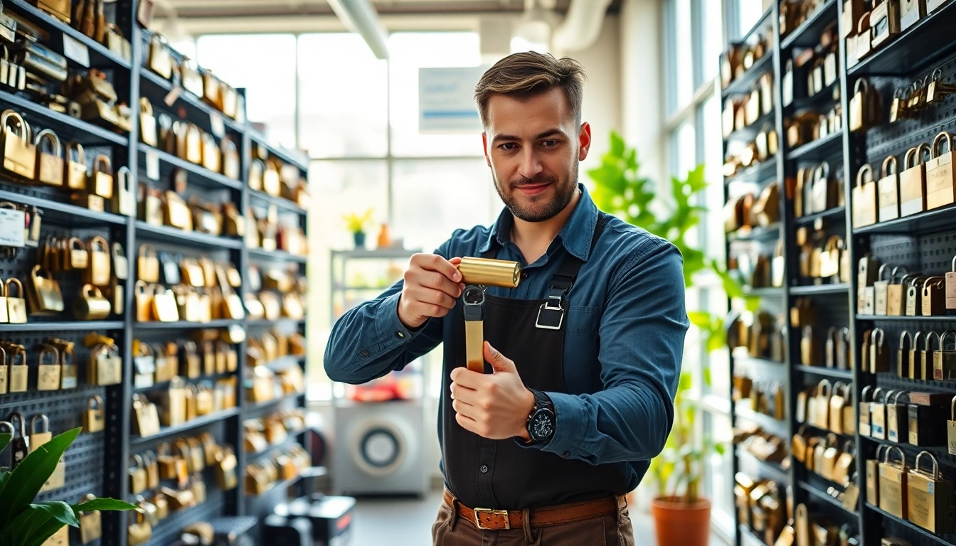 Commercial Locksmiths Near Ballwin, MO securing a lock in a busy office environment.