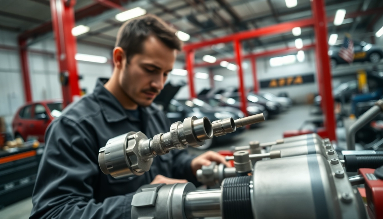 Showcase of Performance fuel line fittings being fitted by a mechanic in a dynamic automotive workshop.