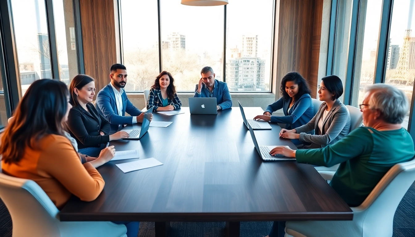 Engaged professionals discussing Federal and State contracts in a modern meeting room.