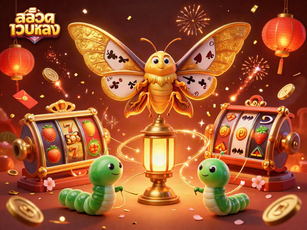 Engage with สล็อตเว็บตรง at a vibrant casino scene featuring a majestic moth and gold elements.