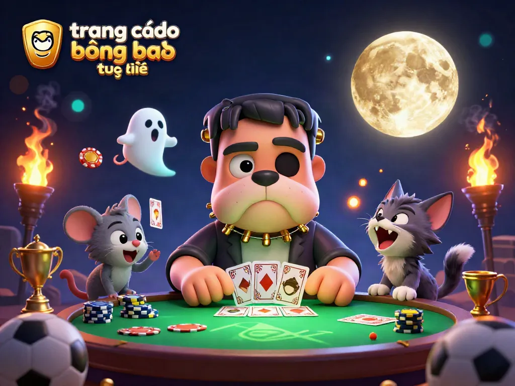 Hình ảnh trang cá độ bóng đá trực tuyến với nhân vật hoạt hình 3D đang chia bài tại bàn cược.